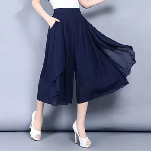 夏季雪纺阔腿裤裙裤七分裤薄款高腰宽松休闲裤大码7分女裤子裤裙