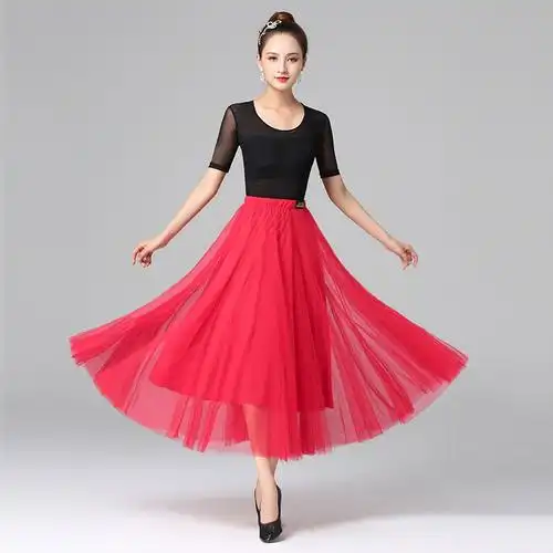 丹宝罗广场舞网纱裙女长纱裙红色半身舞蹈裙大摆跳舞裙交谊舞裙子