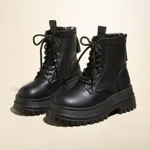 复古英伦风白色短靴子2023年新款圆头厚底系带单靴马丁靴女秋冬季