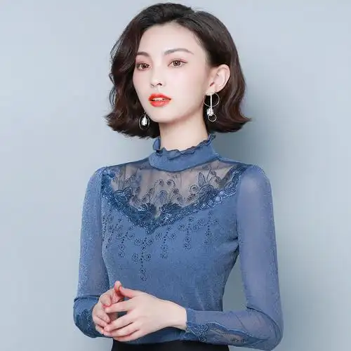 2021秋装网纱打底衫女长袖新款百搭亮丝t恤高领镂空蕾丝上衣小衫