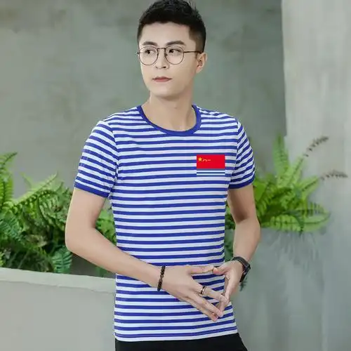 夏季海魂衫男短袖t恤正品 八一海军旗水手服纯棉蓝白条纹半袖体恤