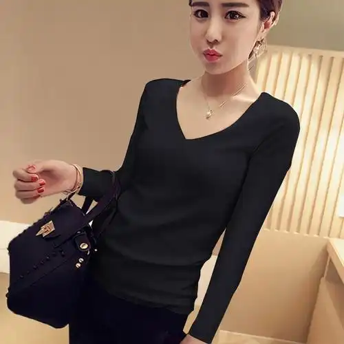 韩国纯棉黑色打底衫女长袖低领春秋冬t恤修身百搭小衫v领紧身上衣