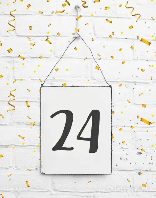 24岁生日派对卡片文字与金色纸屑数字二十四金属板白砖背景