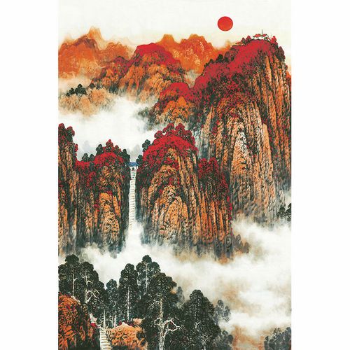 高清晰竖幅版式国画泰山日出有山无水红鸿运当头墙壁装饰风水图画