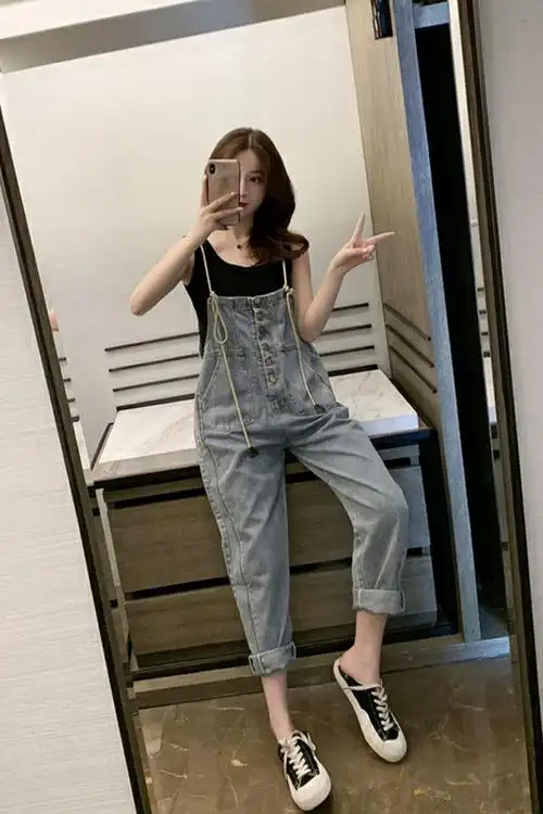 小个子牛仔背带裤女宽松韩版高腰显瘦哈伦九分裤吊带连体裤网红潮