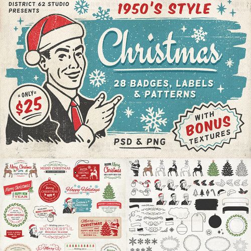 复古圣诞节鹿花环logo标志卡片 psd分层 png免扣设计素材 含字体