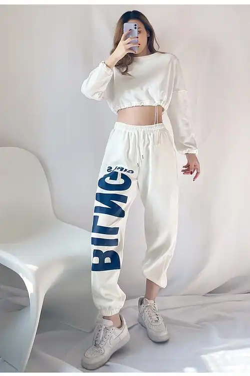 hiphop爵士舞裤子女2021夏新款ins潮百搭显瘦宽松白色运动休闲裤 - 17