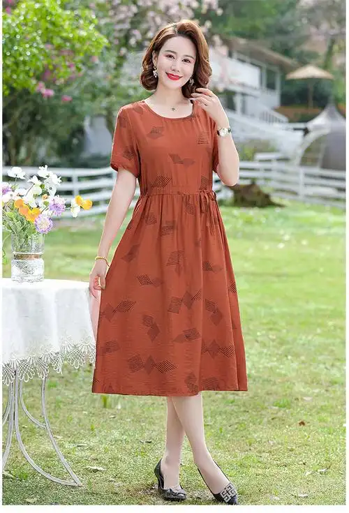 老年人棉麻裙子长款中年妈妈夏装连衣裙短袖中40岁50中老年女装夏季