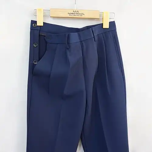 秋冬季侧边纽扣西装裤旁开口长裤中老年女裤浅蓝中老年女装