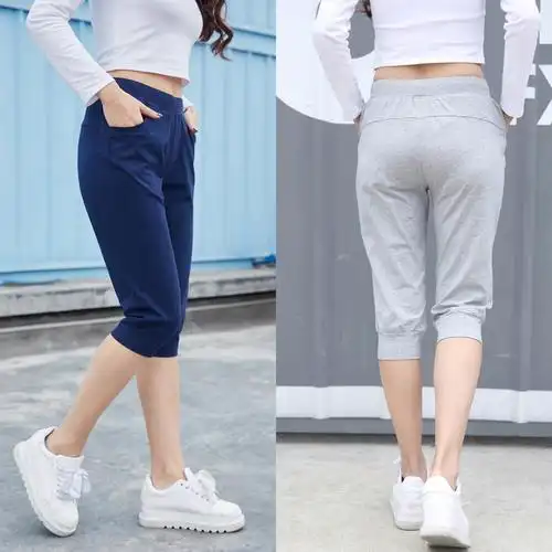 七分运动裤女夏季宽松高腰弹力透气纯棉薄款休闲裤