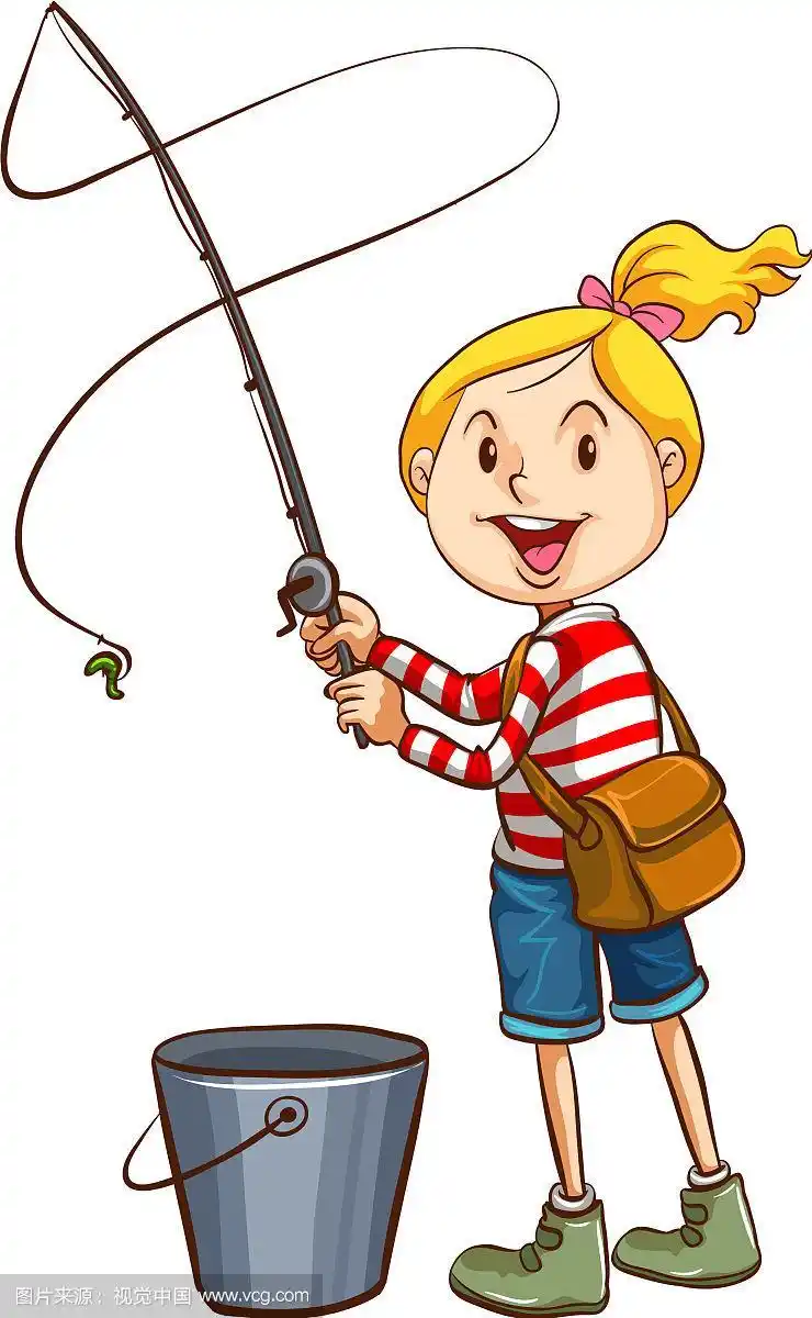 一个女孩在白色的背景上钓鱼