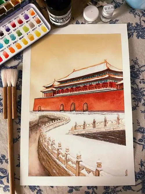 水彩故宫雪景