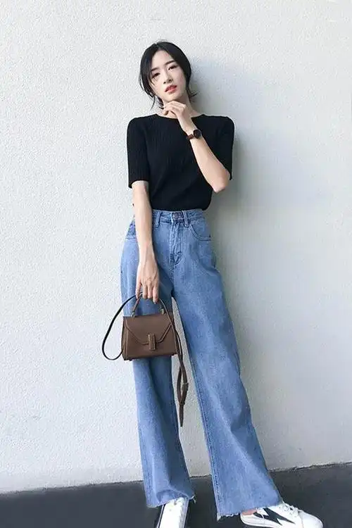 阔腿裤牛仔高腰