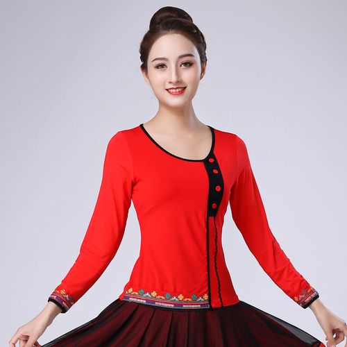 广场舞服装上衣长袖中老年春季修身民族风大妈演出跳舞衣服打底衫
