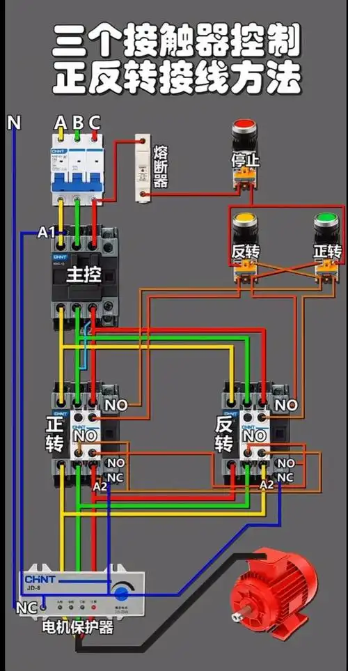 9,三个接触器控制正反转接线电路图8,三个接触器控制正反转实物接线图