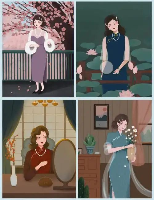 练习的一组复古旗袍插画