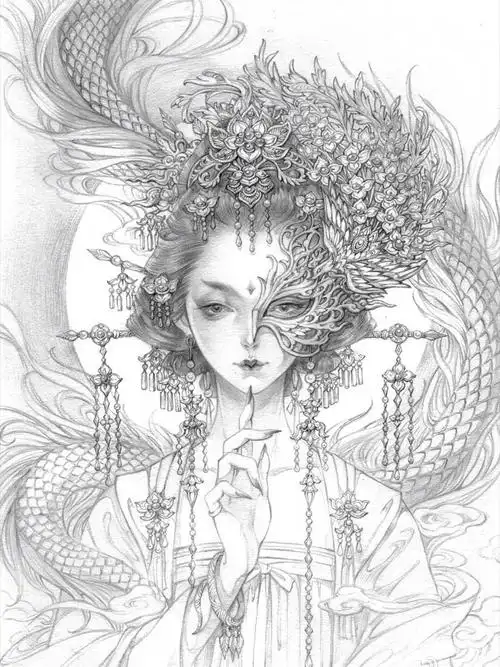 古风手绘,炒鸡喜欢的半面妆插画啊