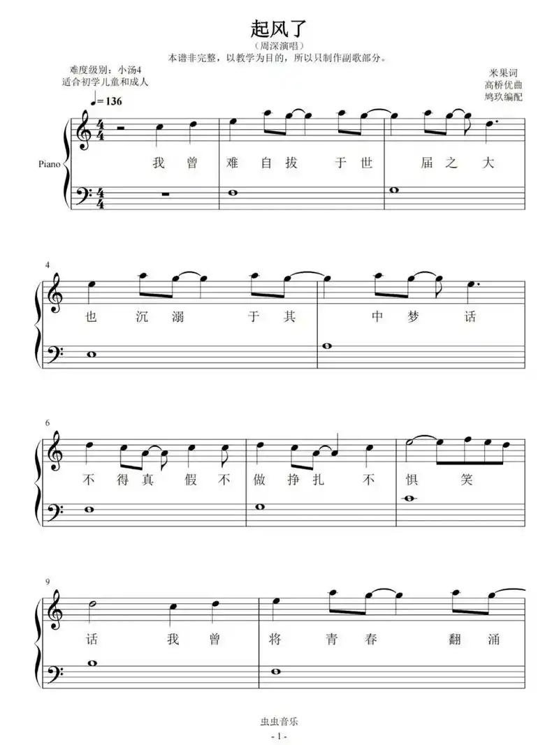 钢琴谱-《起风了》 简谱 钢琴一级曲目,适合初学者 主页有弹奏视频