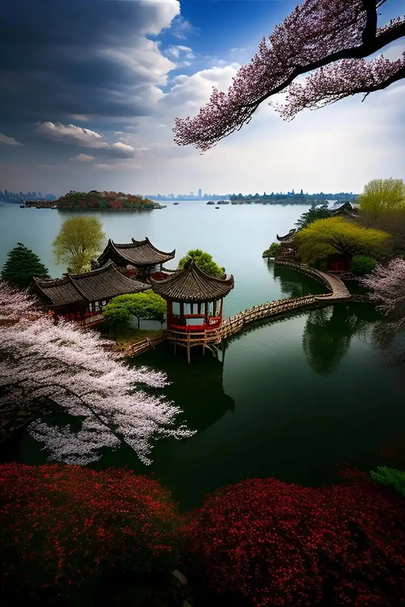 西湖美景.蓝天白云,湖水清澈,音乐悦耳,风景优美,花儿鲜美, - 抖音