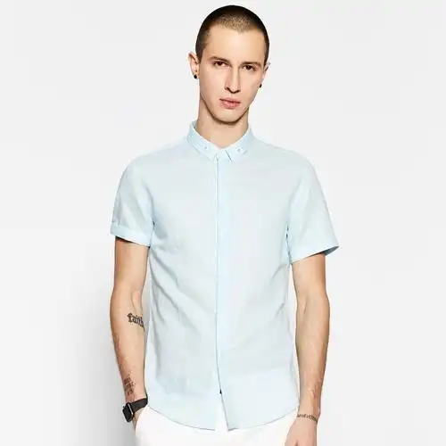 uo男装夏季男士亚麻短袖衬衫青年帅气韩版纯色休闲百搭棉麻衬衣潮