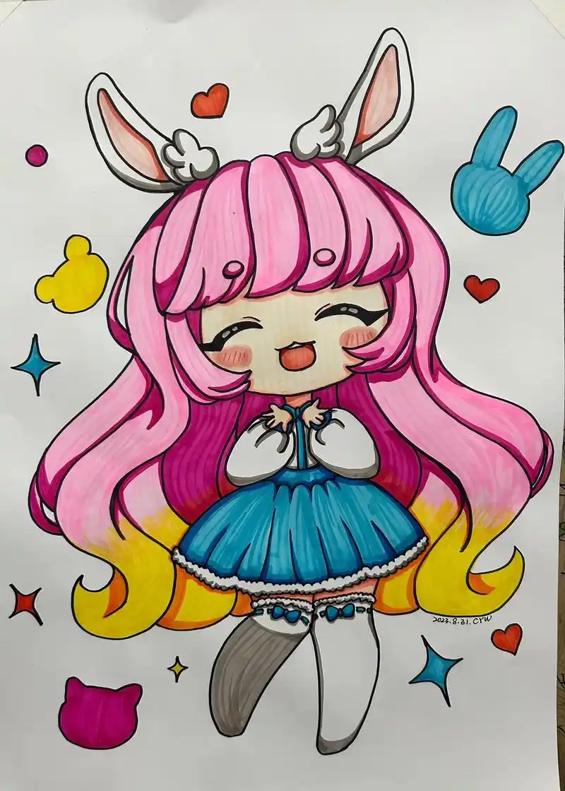 粉黄渐变头发.#一起学画画 #漫画女孩 #马克笔手绘 #q版 - 抖音