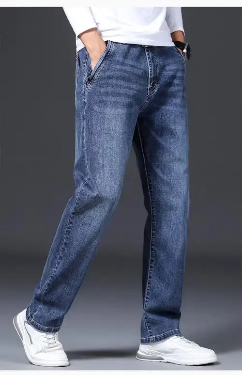 鳄鱼恤 crocodile 夏季薄款高端浅蓝色牛仔裤男士直筒宽松高级斜插