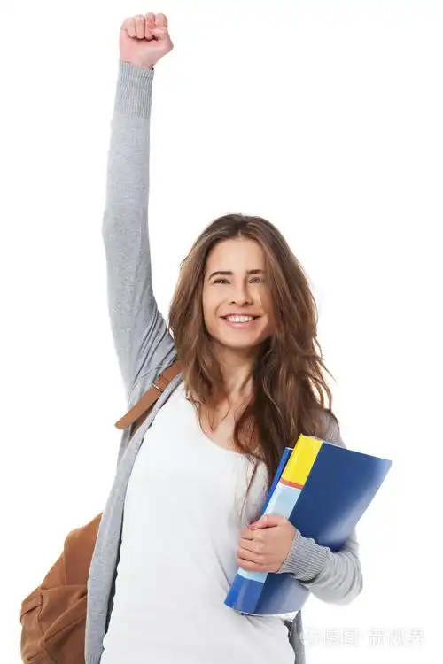 兴奋的女学生,举手示意,她的手上白色孤立照片-正版商用图片0ooopc-摄