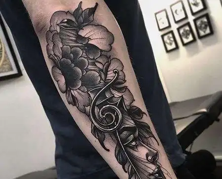 new school小臂牡丹匕首纹身图案