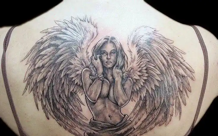 霸气的满背天空山水景色天使纹身图案