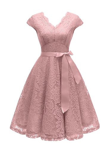 蕾丝裙子2019夏新v领包袖系带大摆蕾丝裙伴娘裙晚礼服lace dress