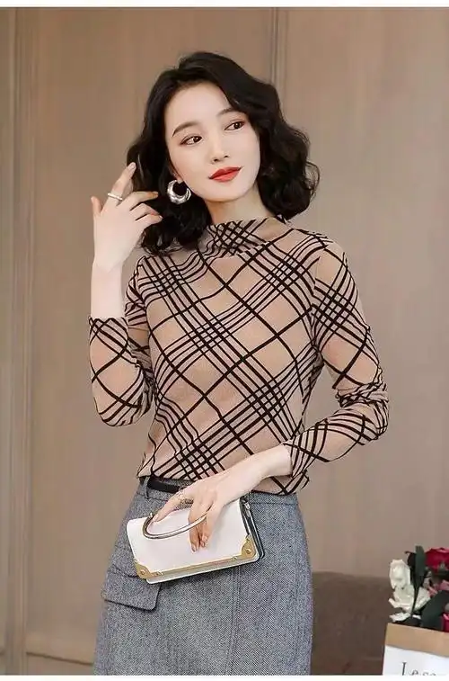 蕾丝打底衫女长袖冬季新款半高领洋气内搭加绒t恤上衣百搭打底衫 奶茶