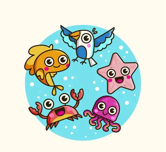 可爱鸟和4款海洋动物矢量图