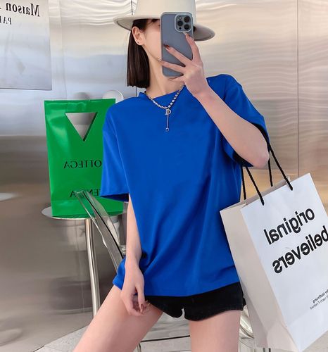 宝蓝色纯棉t恤女克莱因蓝纯色短袖宽松圆领打底衫韩版潮流衣服夏