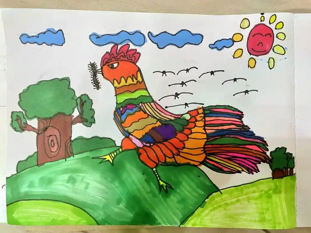 爱画画的小朋友 晚上9点不肯睡,要画一只啄蜈蚣的大公鸡,画 - 抖音