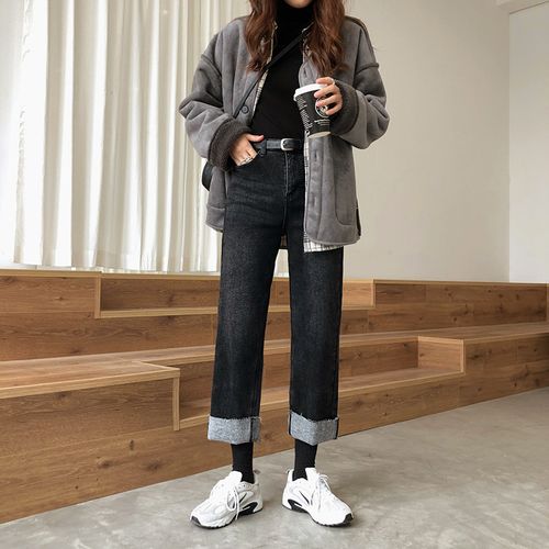翻边牛仔裤女直筒加绒_螃蟹巷 裤脚卷边直筒裤春季新款宽松显瘦磨毛加