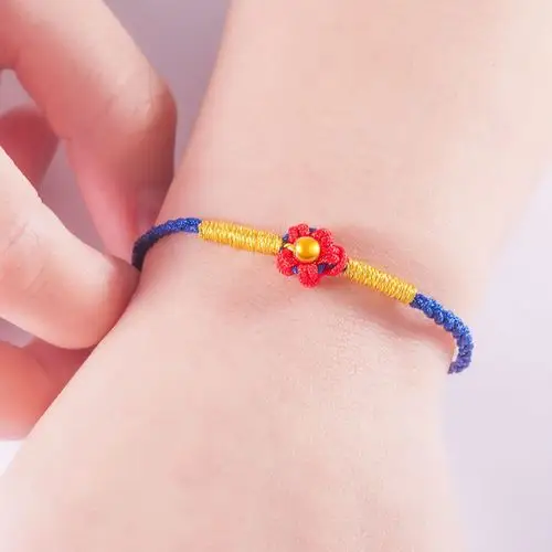 兆亮珠宝小红花黄金圆珠红绳手链足金手工编织转运珠手链蓝色