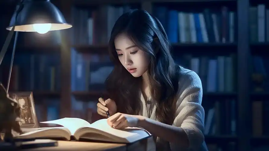 一个女孩在台灯下的夜读读写台灯认真学习读书写字