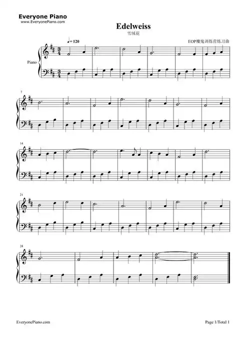 雪绒花-edelweiss五线谱预览1-钢琴谱文件(五线谱,双手简谱,数字谱