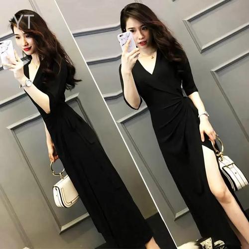 酒红色连衣裙女秋v领修身显瘦气质长裙名媛高端平时可穿礼服裙子