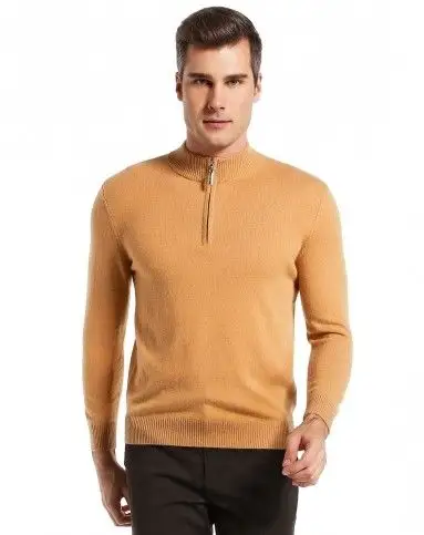男款黄褐色怀旧简约长袖100%山羊绒衫