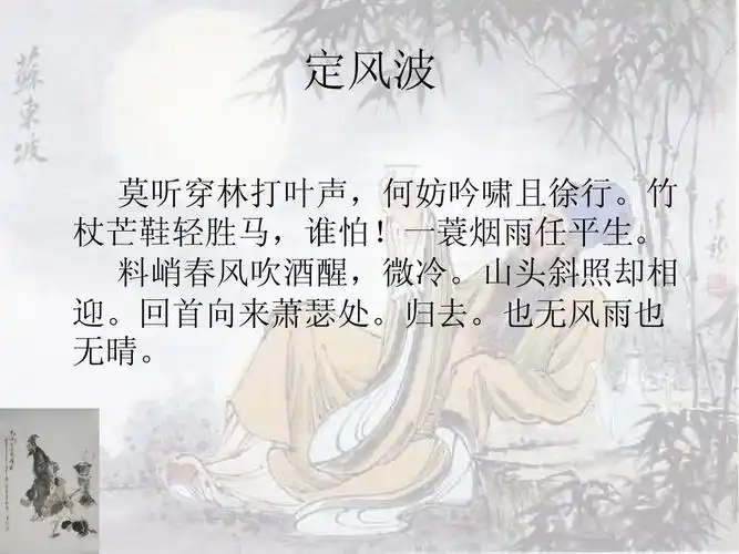 定风波 莫听穿林打叶声,何妨吟啸且徐行.竹 杖芒鞋轻胜马,谁怕!