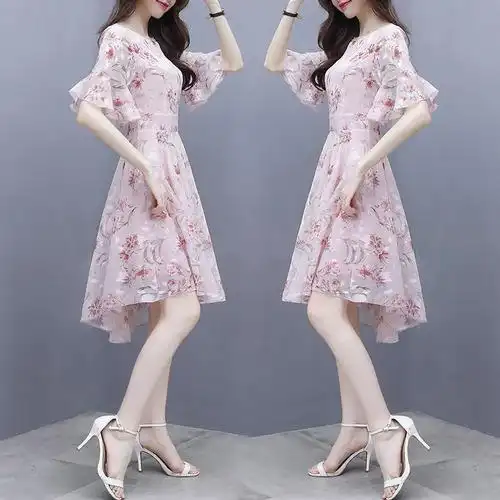 裙子女夏装2022新款韩版收腰显瘦气质雪纺女士碎花连衣裙女小个子