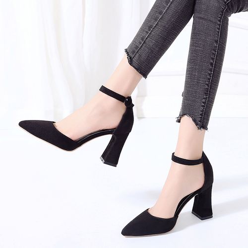 8cm粗跟高跟鞋尖头韩版百搭黑色绒面职业中空单鞋一字扣带凉鞋女