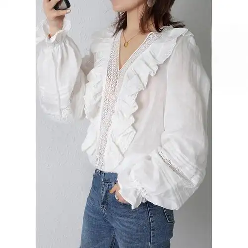 法式复古宫廷风白色泡泡袖衬衫女2022春装新款衬衣已售6￥175折后价