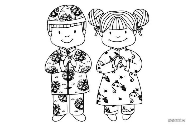 中国福娃拜年春节简笔画