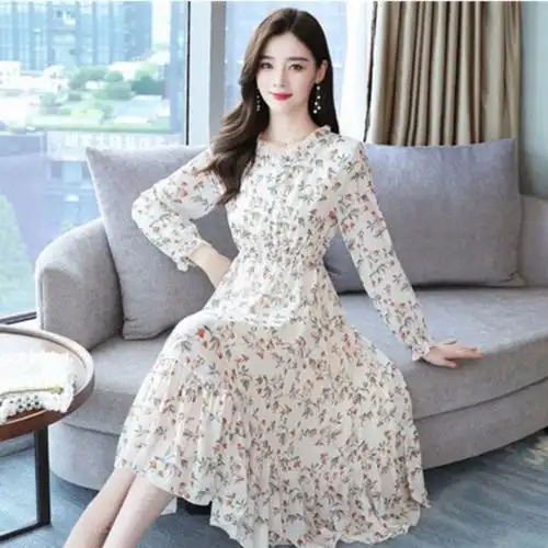 大码女装胖妹妹中长裙春装新款减龄仙女裙子女显瘦雪纺碎花连衣裙