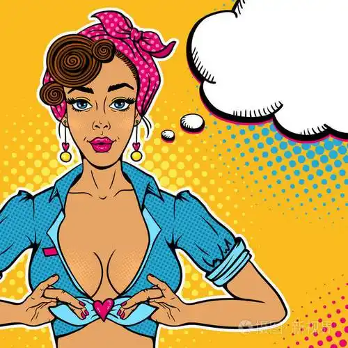 年轻性感的女人与大胸部搭售衬衫成一个结的形式的心和讲话气泡.