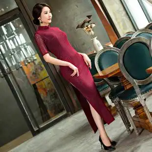 新款长款高开叉性感旗袍裙日常流行民族风女装显瘦蕾丝演出旗袍