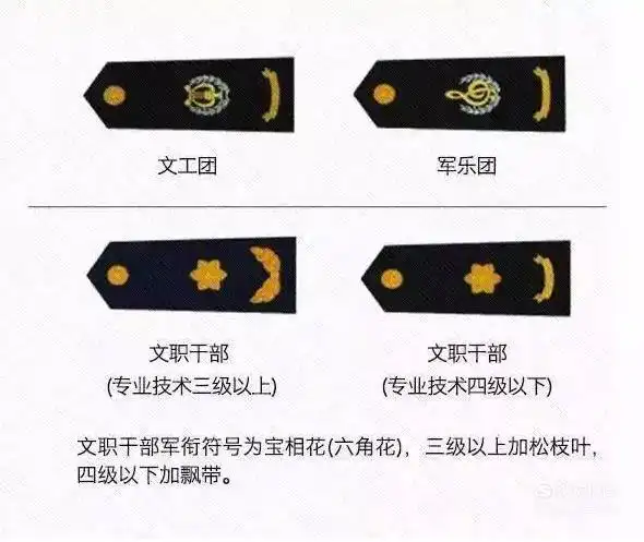 文工团,军乐团及文职干部军衔,如下图所示.07仪仗队军衔,如下图所示.