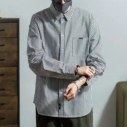 洛基工装美式复古经典竖条条纹衬衫翻领秋季衬衫